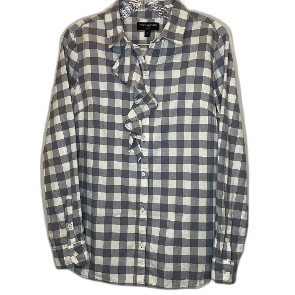 Women's Button Up Shirt Top Banana Republic Gray & White Plaid Flannel Ruffle  M